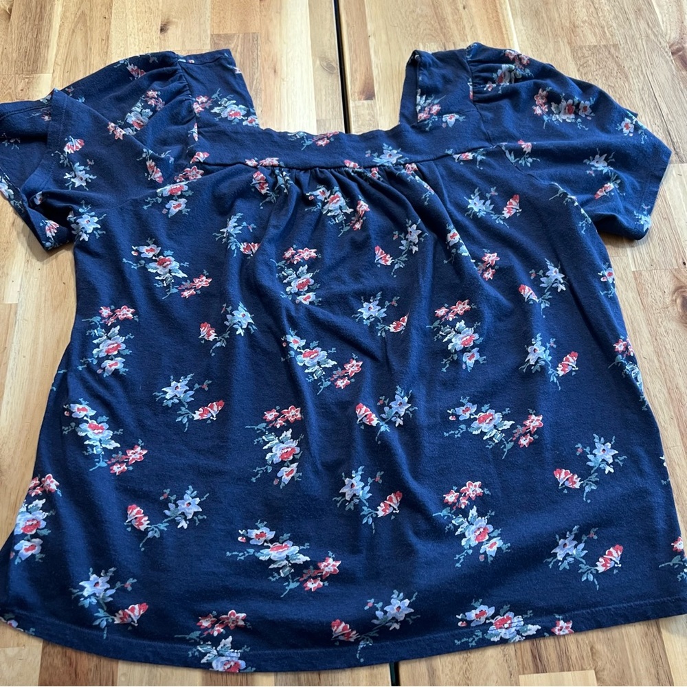 Lucky Brand Floral Short Sleeve Blouse Navy Blue Size Large